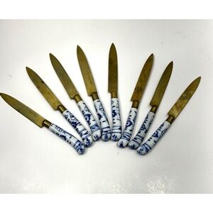 8 Antique Stahl Bronce Germany Porcelain Handle Floral Bronze Fruit Knives‎